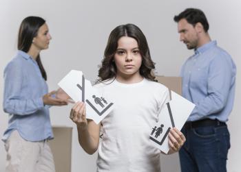 portrait sad girl with parents arguing portrait sad girl with parents arguing