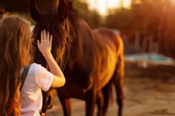 Una chica acaricia un caballo