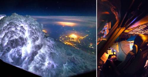 Una super tormenta con aurora boreal desde la cabina de un avión