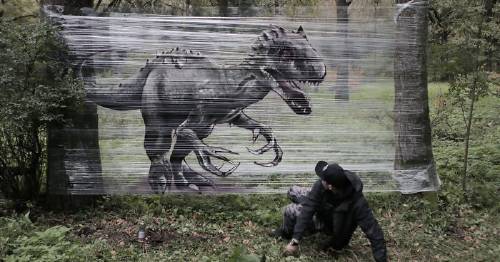 Artista pinta animales con spray sobre plástico en el bosque - lucen super re..